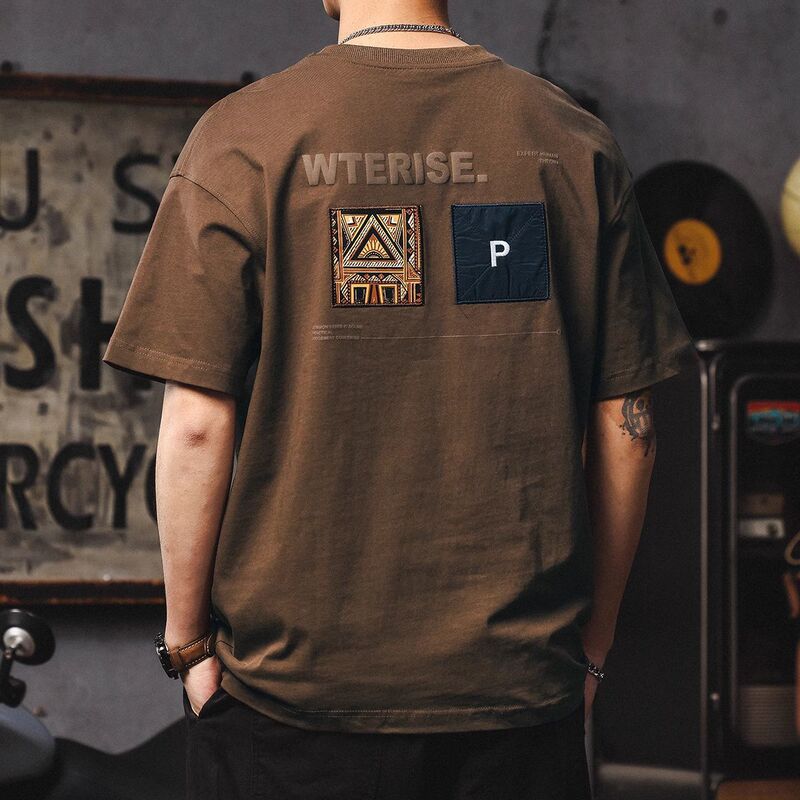 アメリカンレトロ半袖Tシャツメンズ2025新エスニックスタイルハンサムルーズヘビーウェイトTシャツ夏着用|undefined