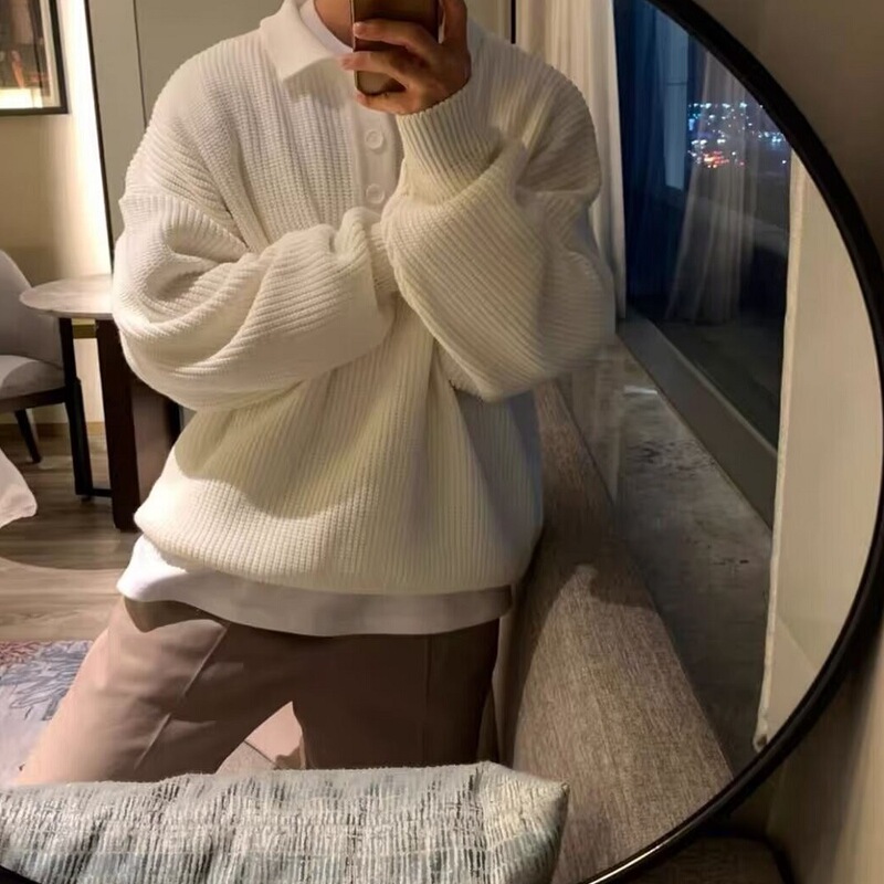 Polo Neck Sweater Men's Autumn Japanese Style Laid-back Style Knitted Pullover Top Hong Kong Style Vintage khaki Loose Jacket