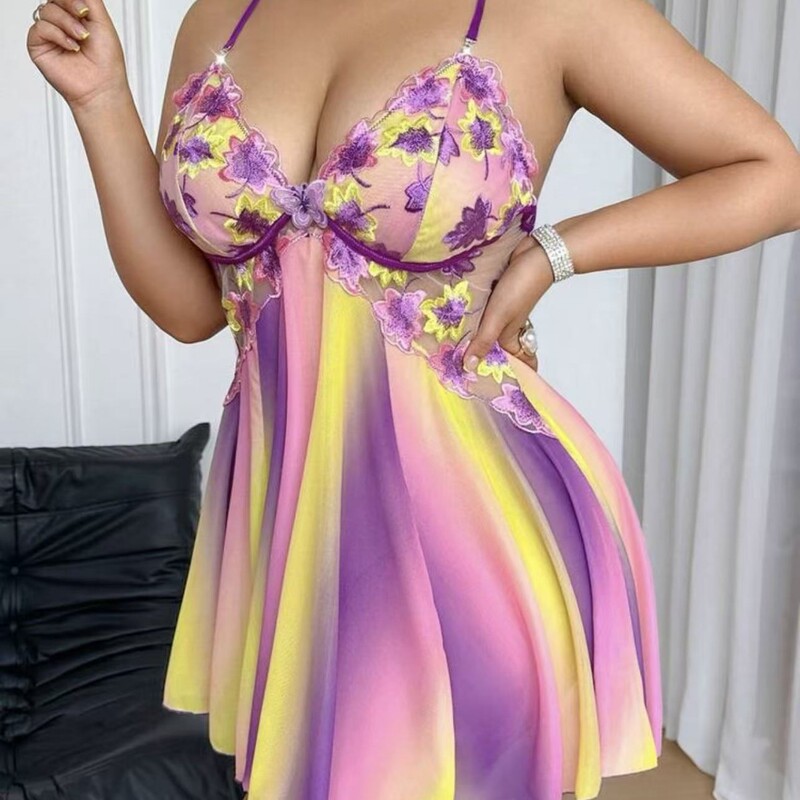 European and American Cross-Border New Large Size Women's Sexy Nightgown Colorfulful Embroider Splicing Printed Backless Suspender Dress