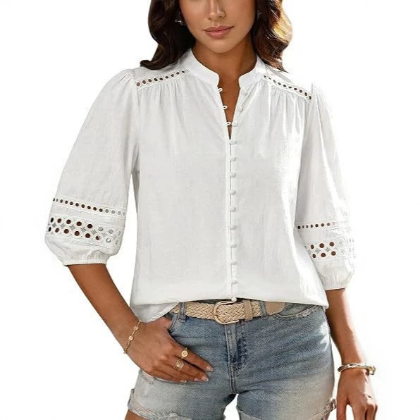 Amazon European and American Cross-Border 2026 Women's Three-Quarter Sleeve Top Summer Shirt with Eyelet Cutouts and Buttons