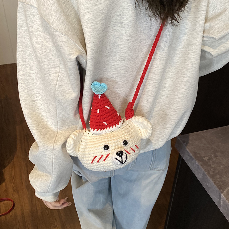 Bolsa de accesorios para niños tejidos de lana hechos a mano adorable oso pequeño bolso de cambio de bebé otoño y invierno nuevo mini mochila
