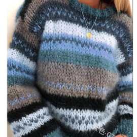 速卖通秋冬欧美彩虹宽松时尚套头毛衣休闲保暖百搭针织衫女装