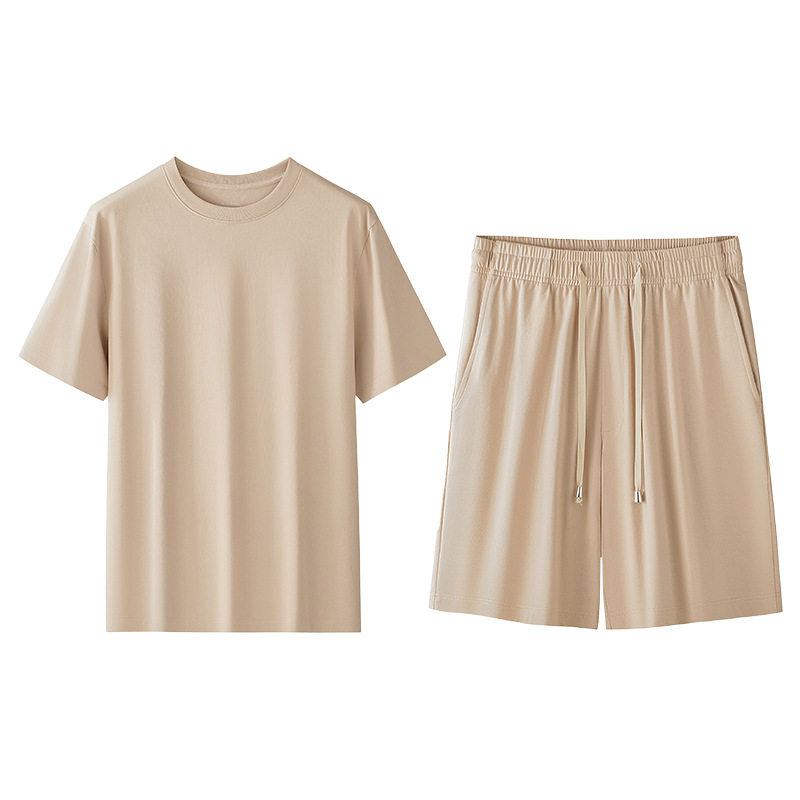 [Algodón suave de agua] Conjunto de pijamas de cuello redondo de algodón para hombre de primavera y verano, casual y transpirable, servicio a domicilio de color sólido