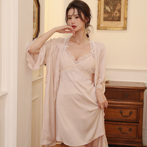 French New Summer Sexy Suspender Covered High-end Suit Ice Silk Short Nightgown Home Clothing Two-piece Set for Women