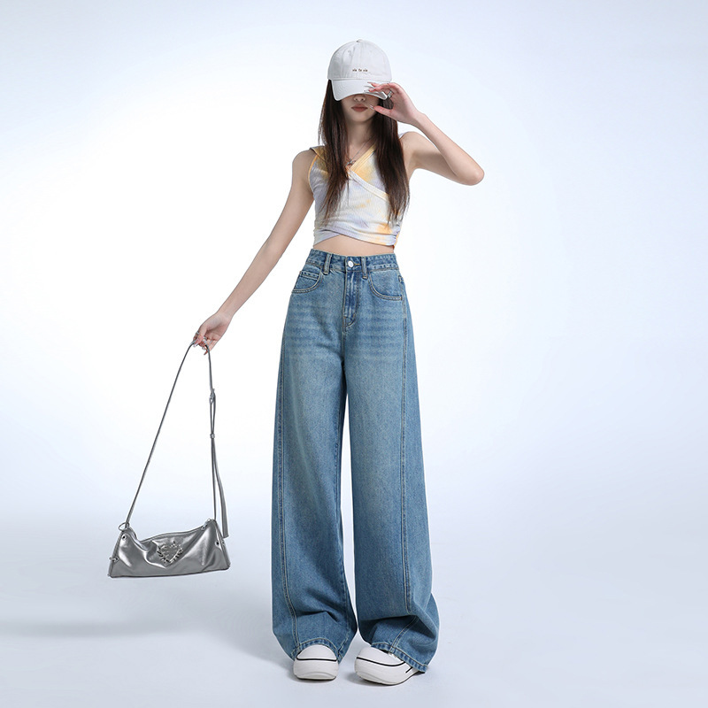丹寧藍原色広脚ジーンズ女性2025春夏新作高腰曲刀広脚ズボン|undefined