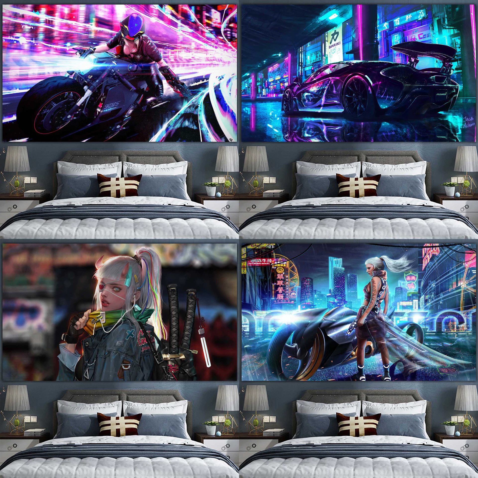 Постер cyberpunk неоновый город, размеры 38×65 см, 85×155 см, 110×200 см