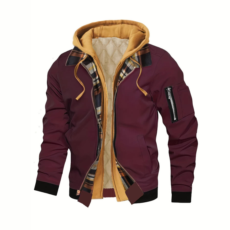 Men's Workwear-Style Hooded Jacket with Faux Two-Piece Design, Plaid Lining, Multi-Pocket Design, Warm and Casual Flight Jacket Men's Workwear-Style Hooded Jacket with Faux Two-Piece Design, Plaid Lining, Multi-Pocket Design, Warm and Casual Flight Jacket