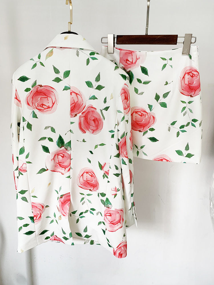 Rose Printed Double Breasted Skirt Set Two Pieces