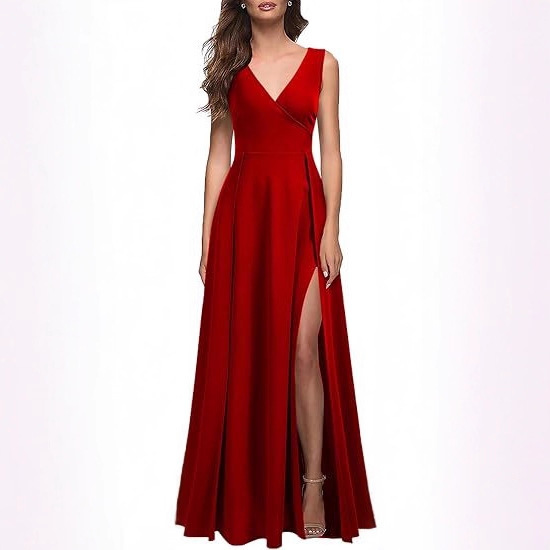 2025 European and American Style Coat Cross-Border New Solid Color V-Neck Sleeveless Long Elegant Evening Dress Sexy Slit Dress