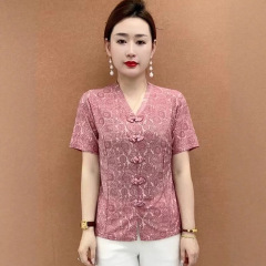 新しい中国風ママトップス婦人服夏 2025 新しい気質中高年女性のボタン付きレトロシャツ Tシャツ