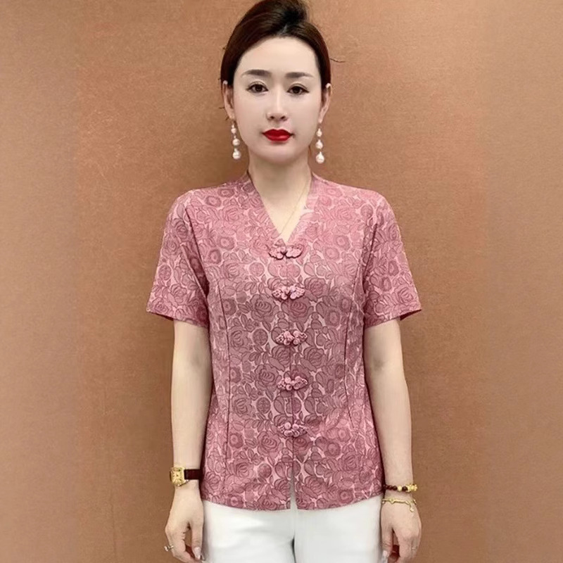 新しい中国風ママトップス婦人服夏 2025 新しい気質中高年女性のボタン付きレトロシャツ Tシャツ|undefined