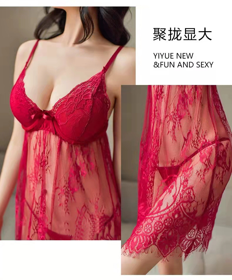 Lace Babydoll Nightdress with Underwire and Chest Pads, Sheer White Sleepwear Set with Thong — detail image 19