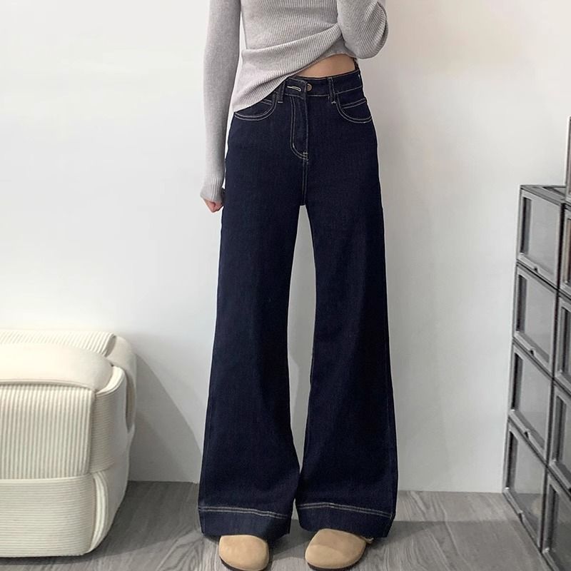 深蓝色丹宁微喇牛仔裤女2025春秋冬新款小个子高腰显瘦马蹄喇叭裤|undefined