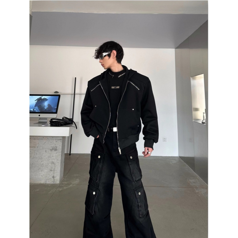 小众拉链设计感早春短款廓形连帽开衫卫衣纯色百搭帽衫垫肩外套