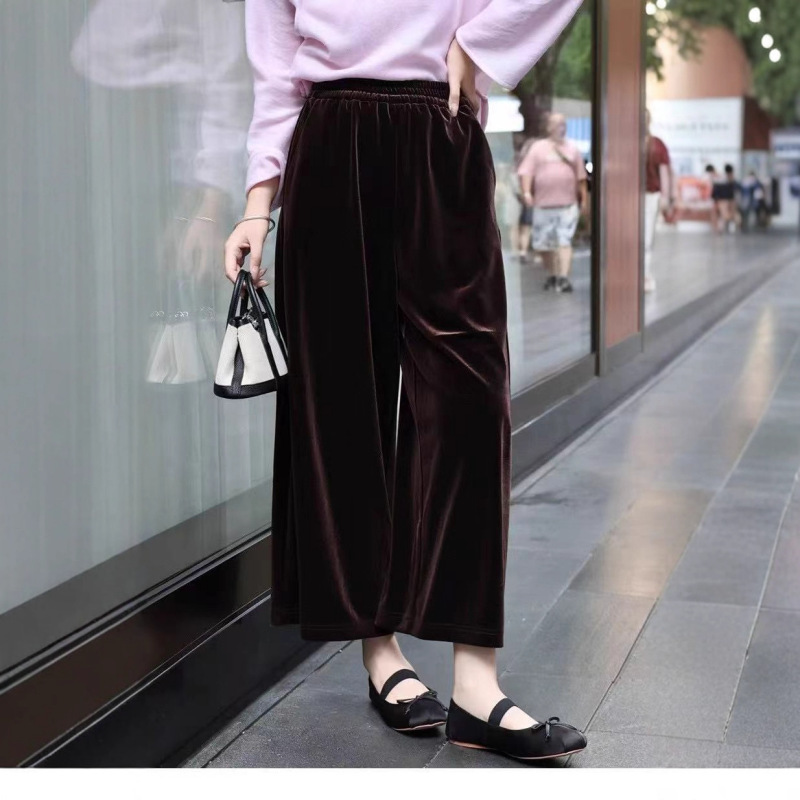 丝绒阔腿裤九分裤女2025新款高腰宽松显瘦小个子筒裤直筒休闲裤子|undefined
