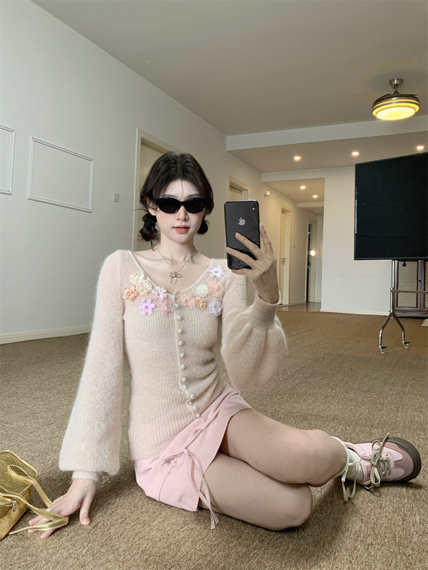 法式甜美立体花粉色针织开衫女早春设计感马海毛气质修身显瘦上衣|undefined