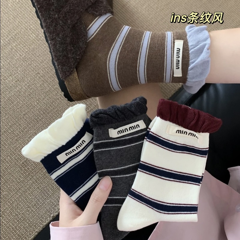 韩系泡泡口条纹秋冬中筒袜子无骨棉袜百搭ins复古堆堆女袜|undefined