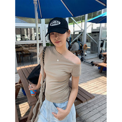 Huang Zheng 韓国版ワンショルダーニッチデザインリボン斜め襟オフショルダー半袖Tシャツトップ無地520577