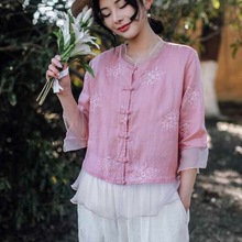 2025新款复古水溶刺绣棉麻衬衫女拼接欧根纱衬衣中国风上衣夏端庄