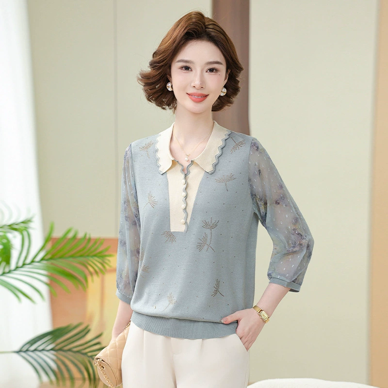 Мама весенняя трикотажная рубашка с лацканами, рубашка из ледяного шелка