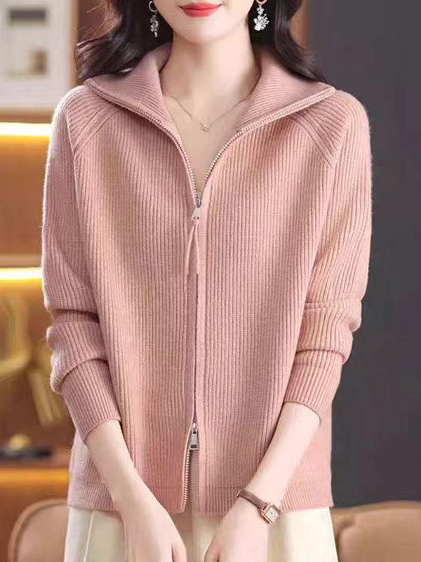 羊绒毛衣外套女复古翻领秋冬新款针织开衫宽松拉链外搭休闲上衣女|undefined