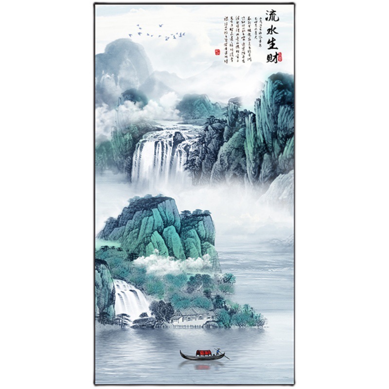 玄关装饰画墙纸贴画新中式入户客厅走廊过道竖版进门山水画自粘壁|undefined