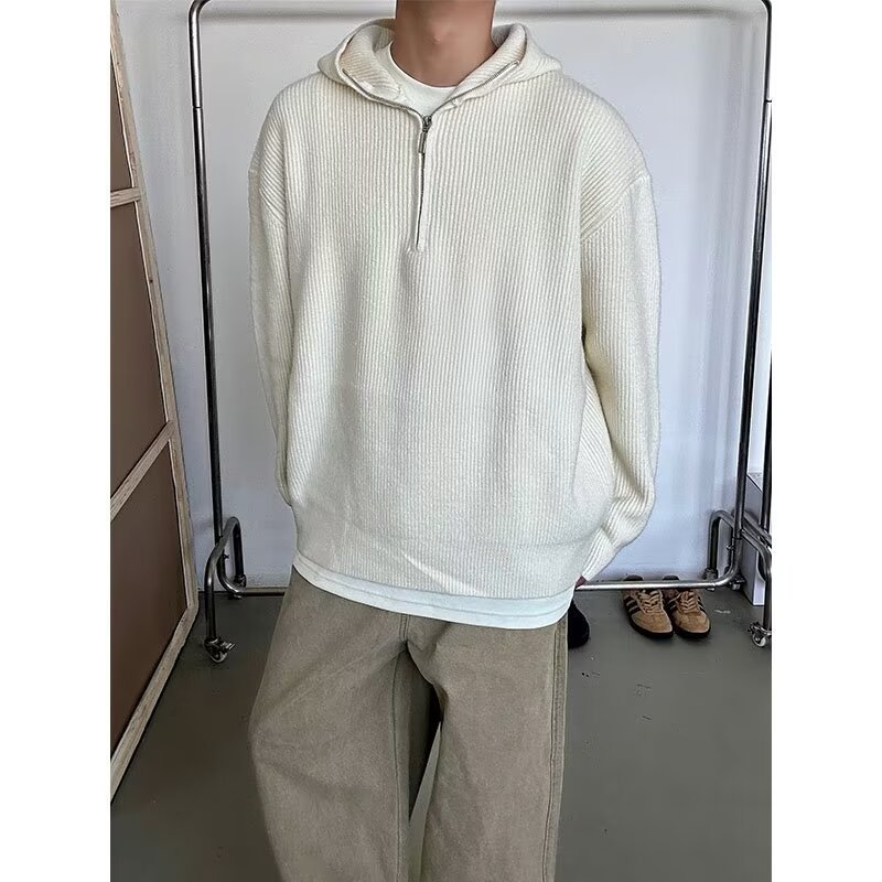 Autumn knitted sweater with zipper with hood