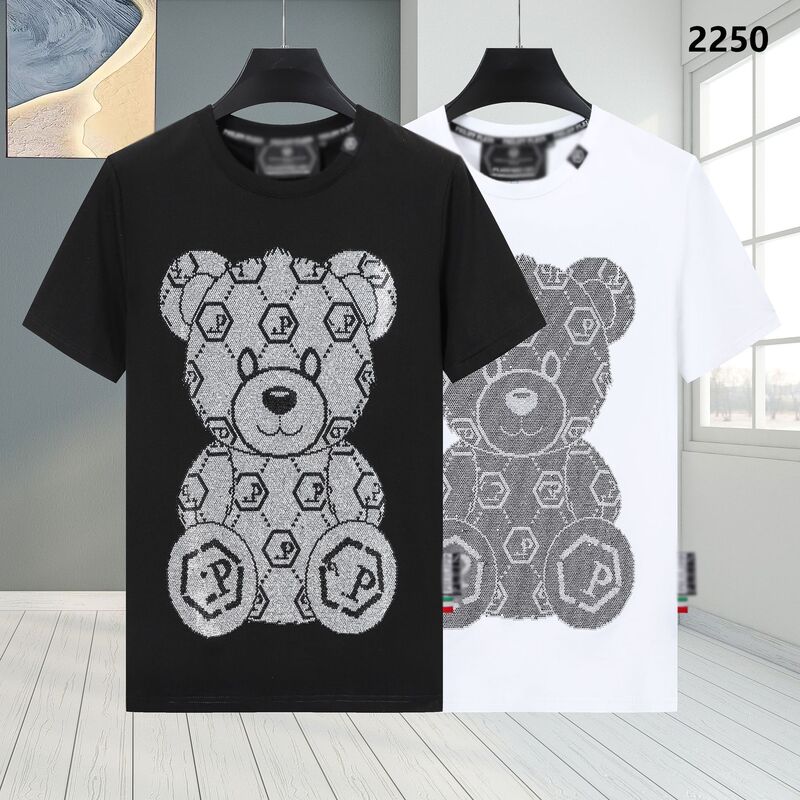 Summer New Plein Short-Sleeved Pure Cotton T-Shirt, Slim Fit, Round Neck, Comfortable, Bear Pattern, High-Quality Rhinestones