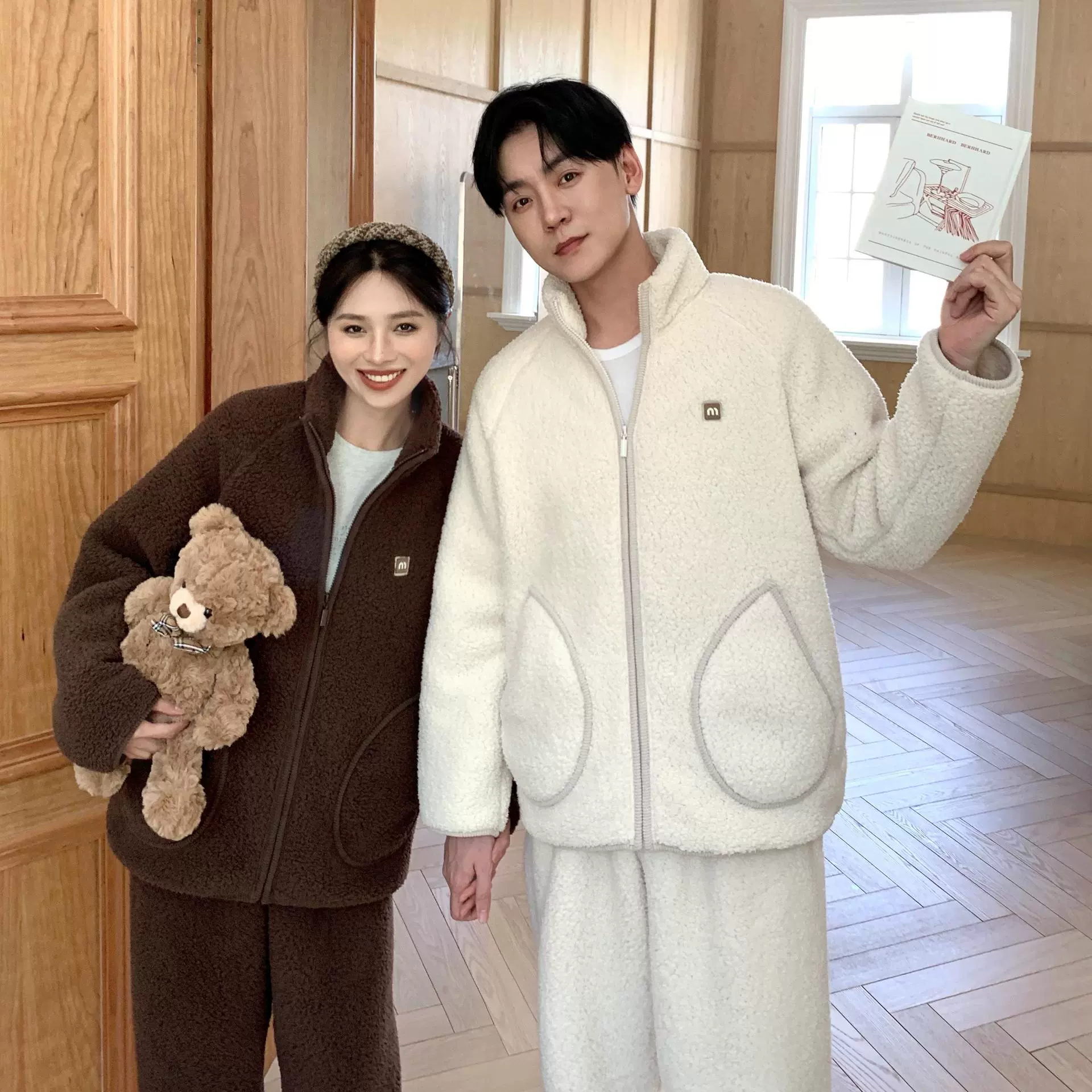 CaCa情侣睡衣羊羔绒冬季立领拉链男休闲外穿运动加厚家居服女套装