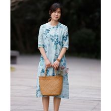22春夏棉麻女装原创文艺复古苎麻连衣裙女国风改良中长旗袍文艺风