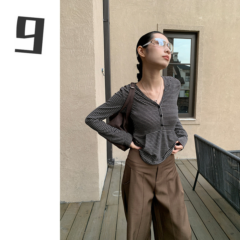 [9Hour] Western Style Versatile Hooded Long-Sleeved T-Shirt for Women 2025 Autumn and Winter Stripesd + Pure Color Button Top C9755