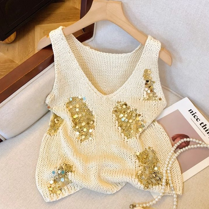 French-Style Heavy-Duty Sequined V-Neck Knitted Vest for Women, Summer Sleeveless Outerwear, Lazy Chic High-End Top