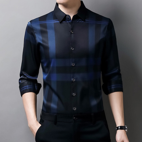 Men's Spring and Autumn  New Middle Youth Stand Collar Printed Breathable Fashion Trendy Casual Long Sleeve Shirt