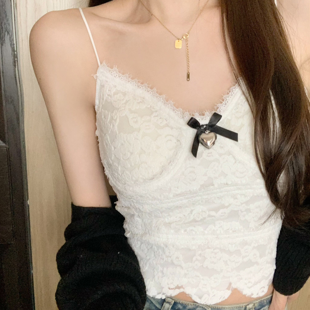 2218 # Sweet Hot Girl Lace Beautiful Back Camisole Women's Outer Wear Bow Outer Wear Inner Wear with Breast Pad Base