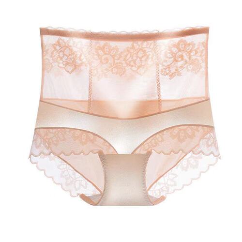Seamless High Waist Hip Lifting Large Size Belly Controlling Women's Underwear Lace Semi-Transparent Hollow Pure Cotton Crotch Briefs for Girls