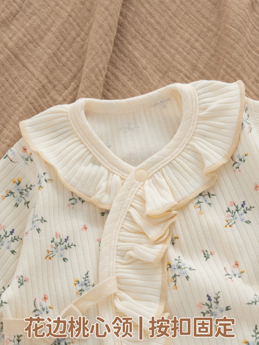 Four-season baby onesie, Class A, pure cotton, for baby girls—spring/summer princess floral design, perfect for 100-day and full-month celebrations—bottoming outfit.