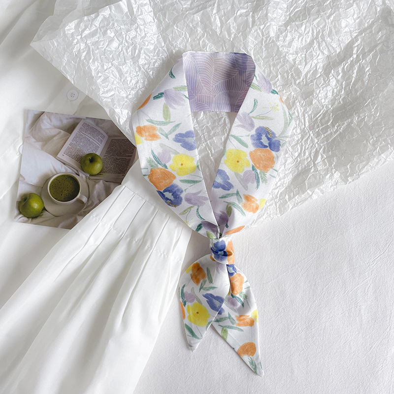 Cinta de primavera impresión larga estrecha ángulo pequeña bufanda de seda elegante estilo coreano banda de pelo bolsa de accesorios para el cabello entrega de una sola pieza