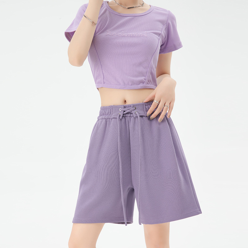 ストラップ運動半ズボン女性夏の薄いタイプの小柄なハイウエストのカジュアルなゆったりしたワイドパンツの中にアメリカの5分のズボンがあります。|undefined