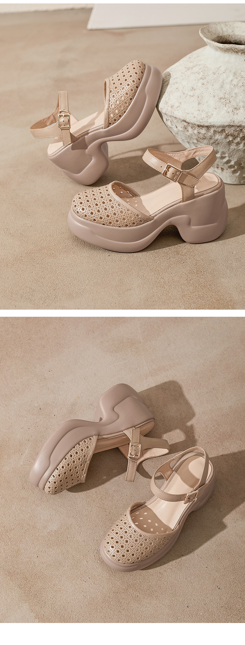Sandal cao gót nữ mũi kín quai ngang gót 9 cm phong cách La Mã — màu trắng ngà, màu mơ chi tiết 14