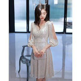 宴会小礼服女2026新款春冬名媛亮片连衣裙主持人平时可穿晚礼服裙