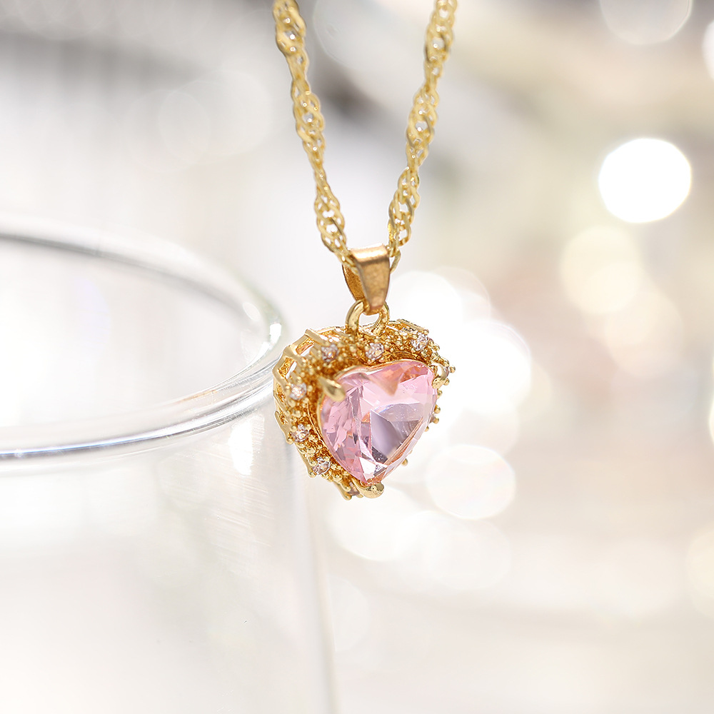 Fashion heart-shaped crystal zircon single-layer multi-color alloy necklace