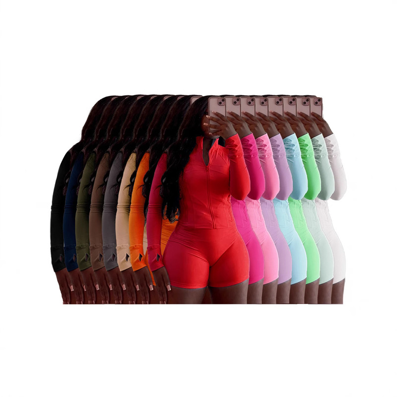 2025 Hot Spring and Summer New European and American Sports Casual Sexy Tight Long-Sleeved Shorts Two-Piece Set