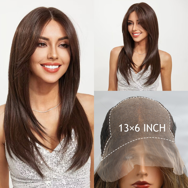 Cross-Border 13*6Hd Large-Area Lace Wig with Middle Parting, Black-Brown Long Straight Hair, Fashionable Full Head Lace Wig Cross-Border 13*6Hd Large-Area Lace Wig with Middle Parting, Black-Brown Long Straight Hair, Fashionable Full Head Lace Wig
