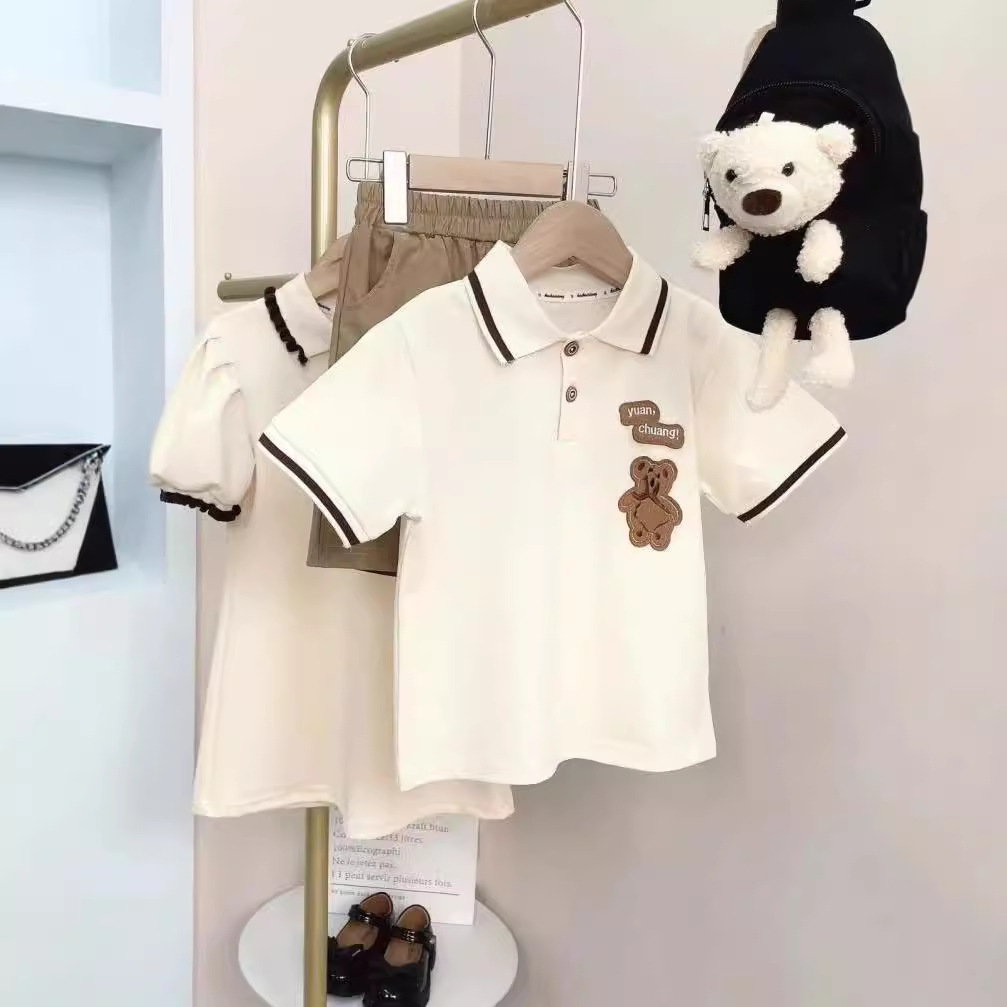 Oso bordado ropa padre-hijo verano una familia tres o cuatro madre-hijo madre-hija vestido bebé mameluco POLO solapa manga corta