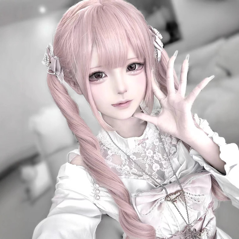 【Tie and Go】Light Pink Wig for Women Full Head Cover with Air Bangs Long Curly Hair Big Waves Full Wig