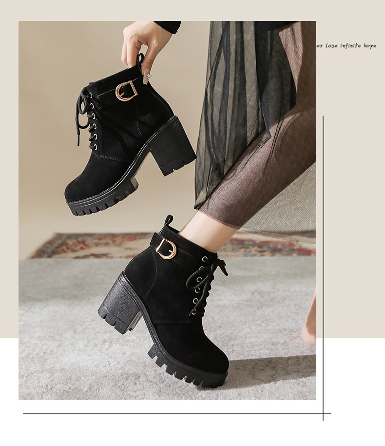Large size autumn and winter high heeled single with belt buckle thick heel short boots fashionable style round toe_voghion.com