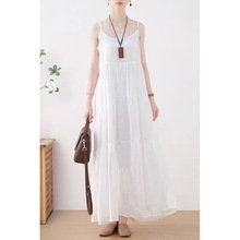 棉麻连衣裙纯色2025夏季新款气质设计高级感显瘦度假沙滩长裙女