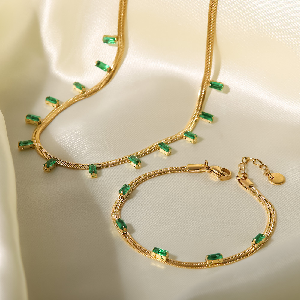 Fashion Square Stainless Steel Gold Plated Zircon Bracelets Necklace