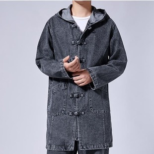 Chinese Style Denim Hooded Jacket Men's Clothing Casual Stand Collar Retro Embroidery Tang Suit Male Plus Size Casual Tops Coat