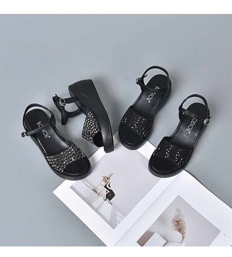 Dép sandal nữ đế xuồng đính đá cao cấp, gót cao tăng chiều — Màu đen chi tiết 10
